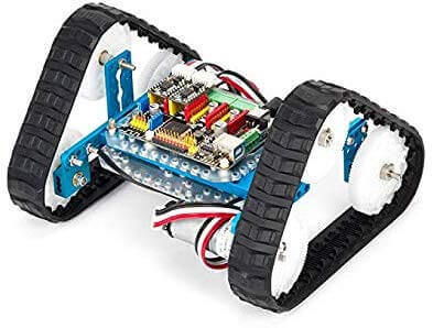 Makeblock Ultimate Robot Kit V2.0 mBot robotic arm tank showcasing tracks, electronic modules, and versatile design.