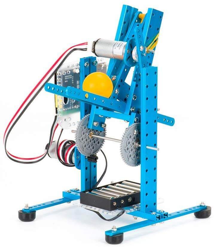 Makeblock Ultimate Robot Kit V2.0 showcasing a blue robotic arm tank with mechanical components and wheels.