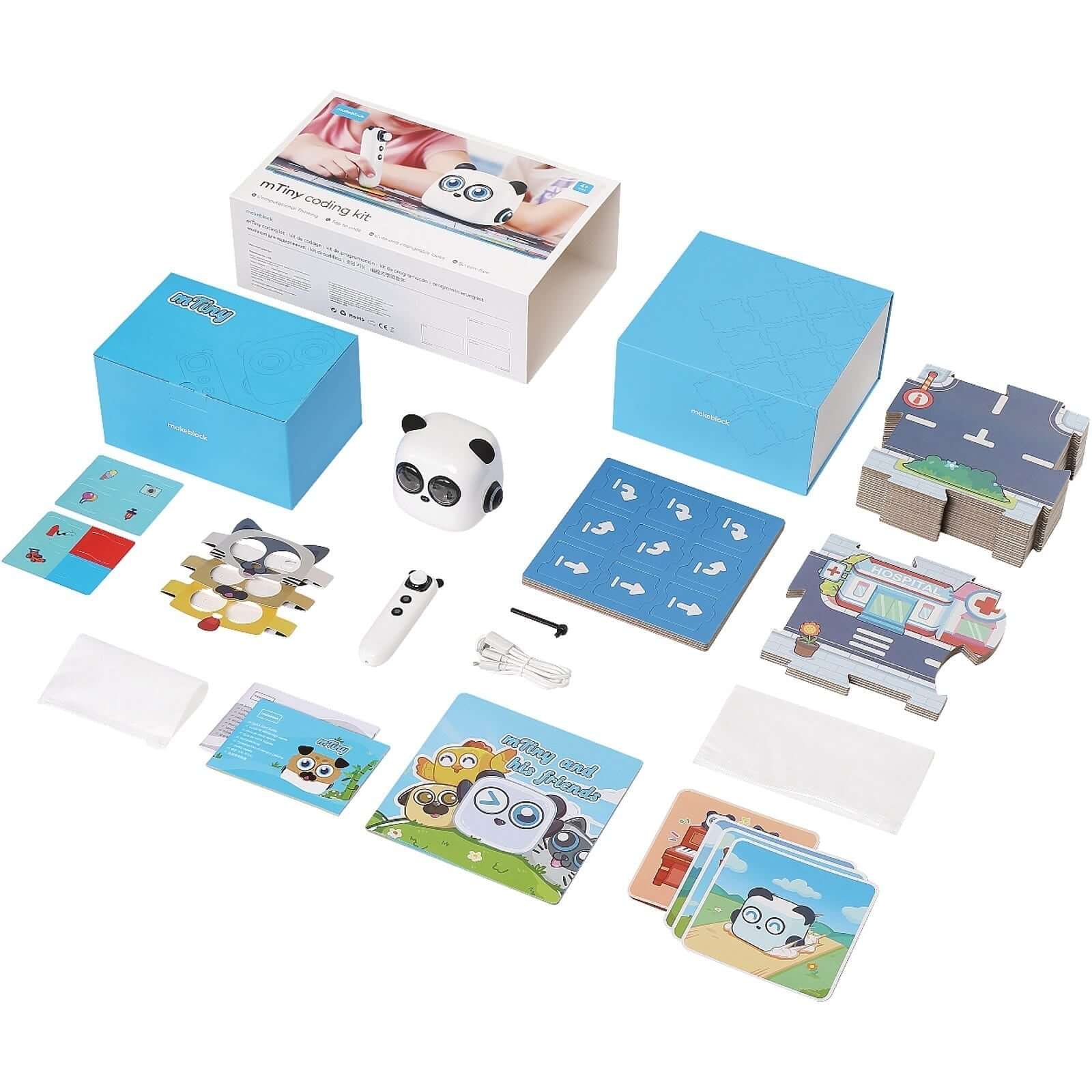 Makeblock mTiny Coding Kit components including robot, coding cards, themed map blocks, and guide materials.