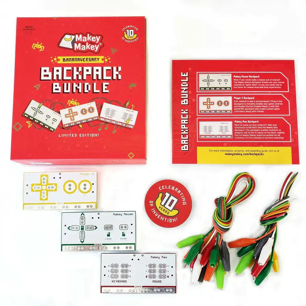 Makey Makey® Backpack Bundle featuring colorful boards, connectors, and instruction materials for creative inventions.