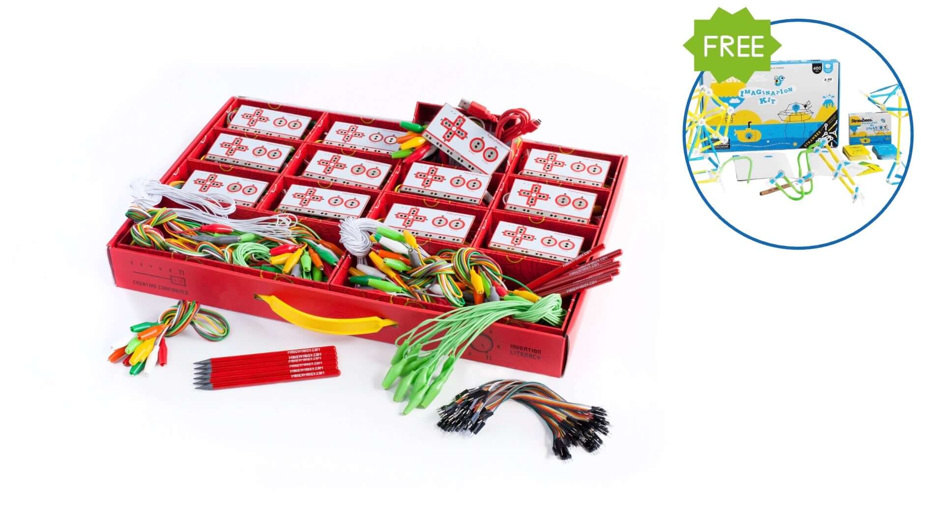Makey Makey STEM Class Pack and FREE Strawbees Imagination Kit with colorful wires and electronic components.