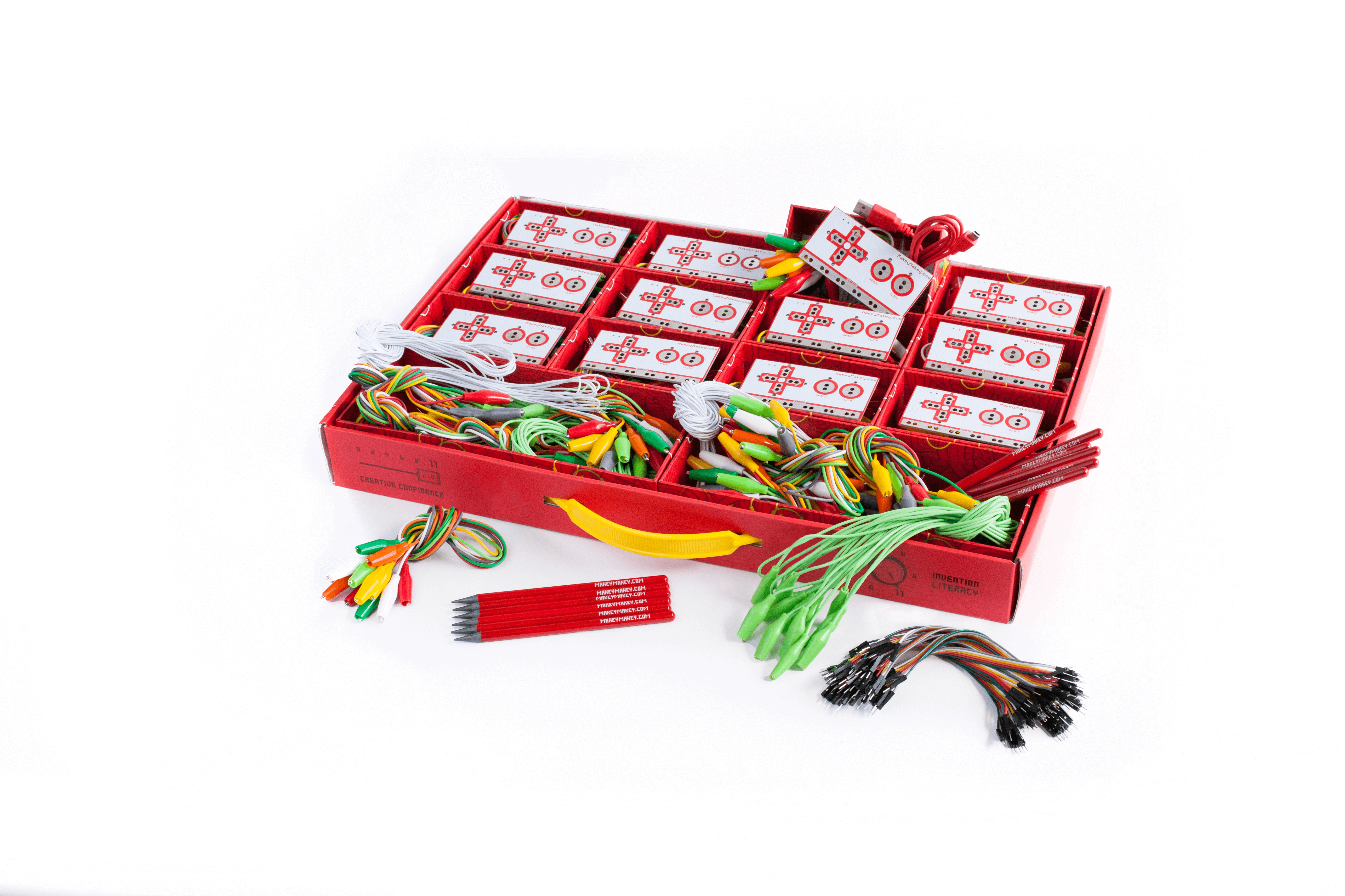 Makey Makey STEM Class Pack and FREE Strawbees Imagination Kit components including wires and circuit boards.