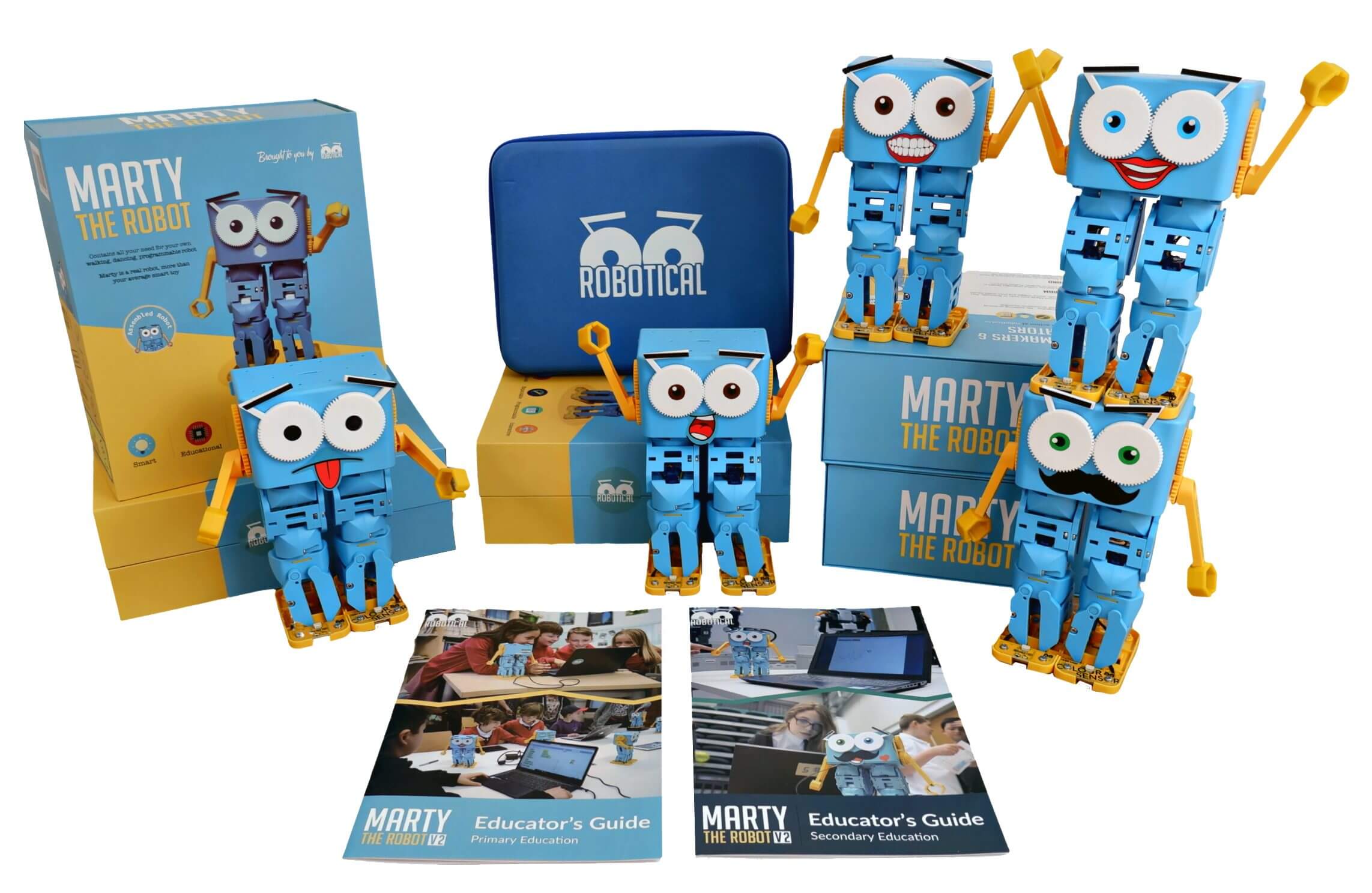 Marty V2 robot 5-pack with colorful designs, educational materials, and packaging for STEM learning.