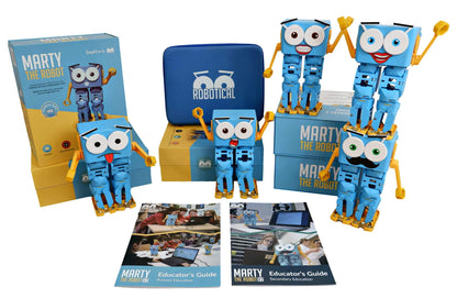 Marty V2 robot 5-pack with colorful designs, educational materials, and packaging for STEM learning.