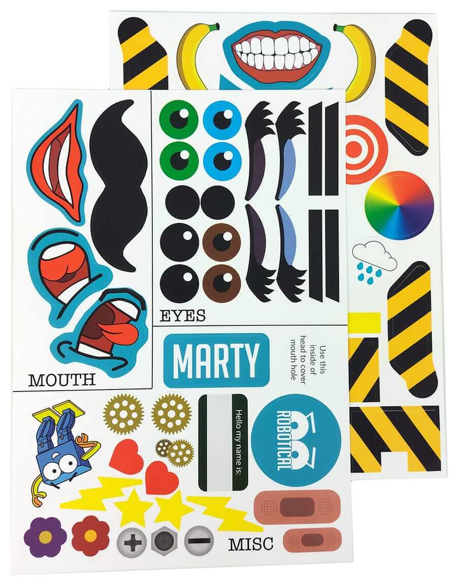Colorful sticker sheet featuring eyes, mouths, and fun designs to personalize the Marty robot.