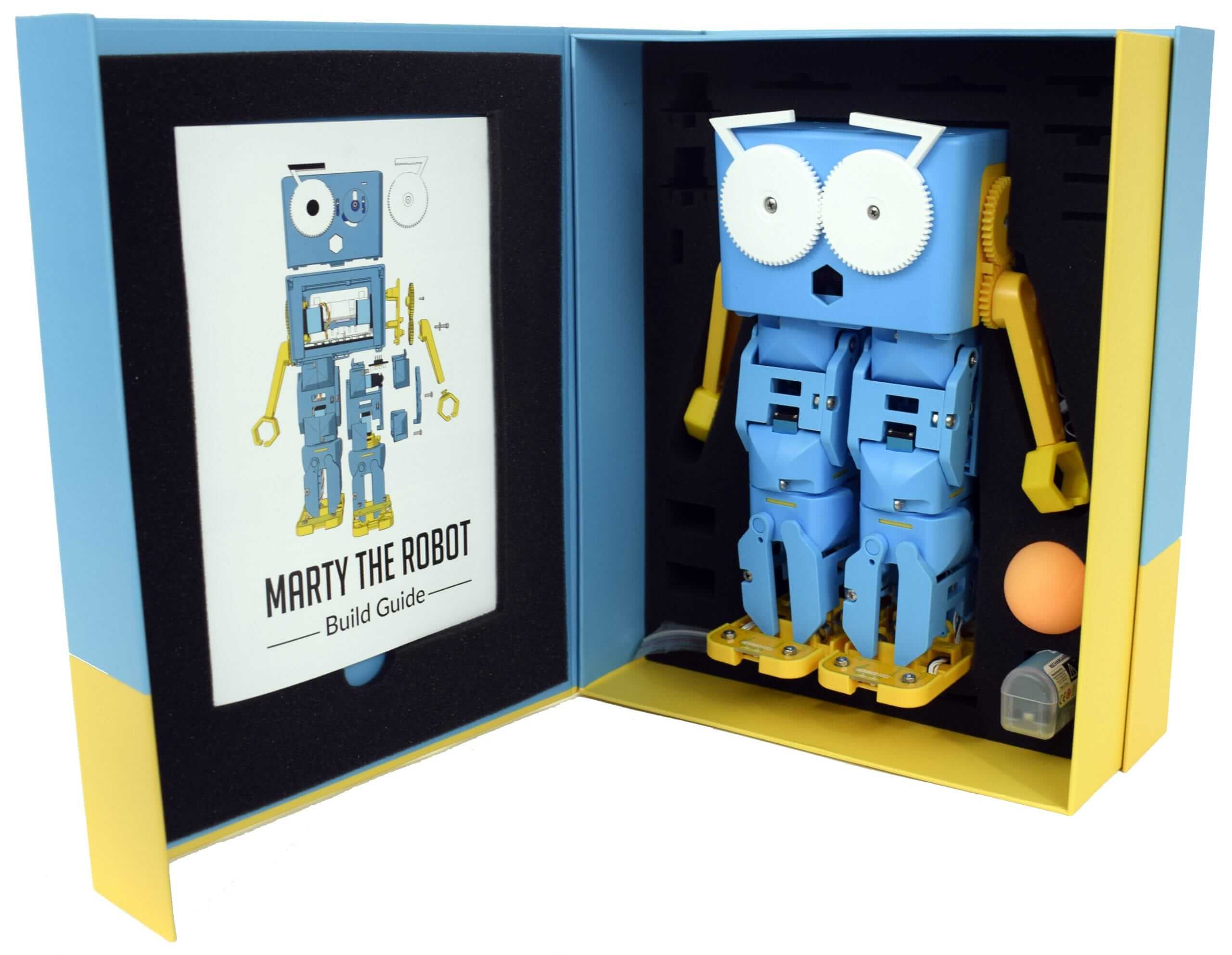Marty the Robot kit with build guide, showcasing its blue walking robot design and interactive features.