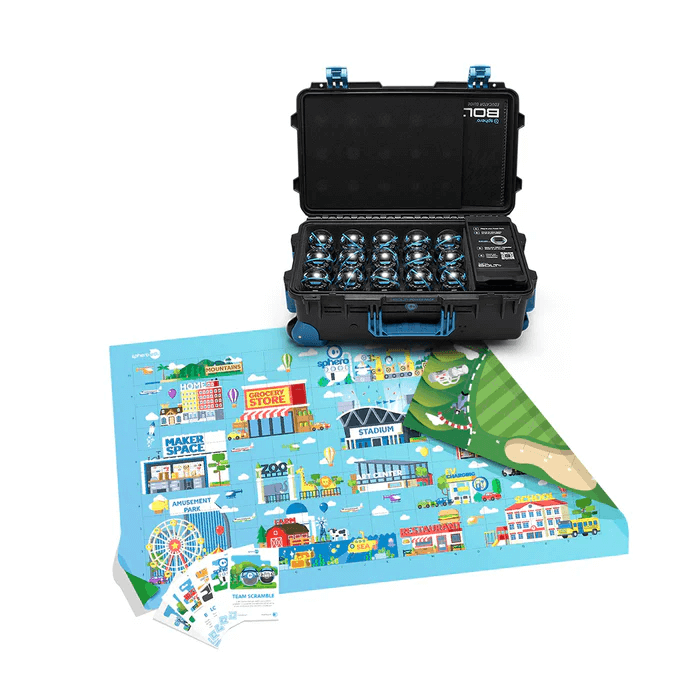 Sphero BOLT+ Power Pack with 15 robots and interactive City/Golf Code Mat for coding education.