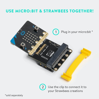 Micro:bit and Strawbees Robotics board with instructions for connecting and creating STEM projects.