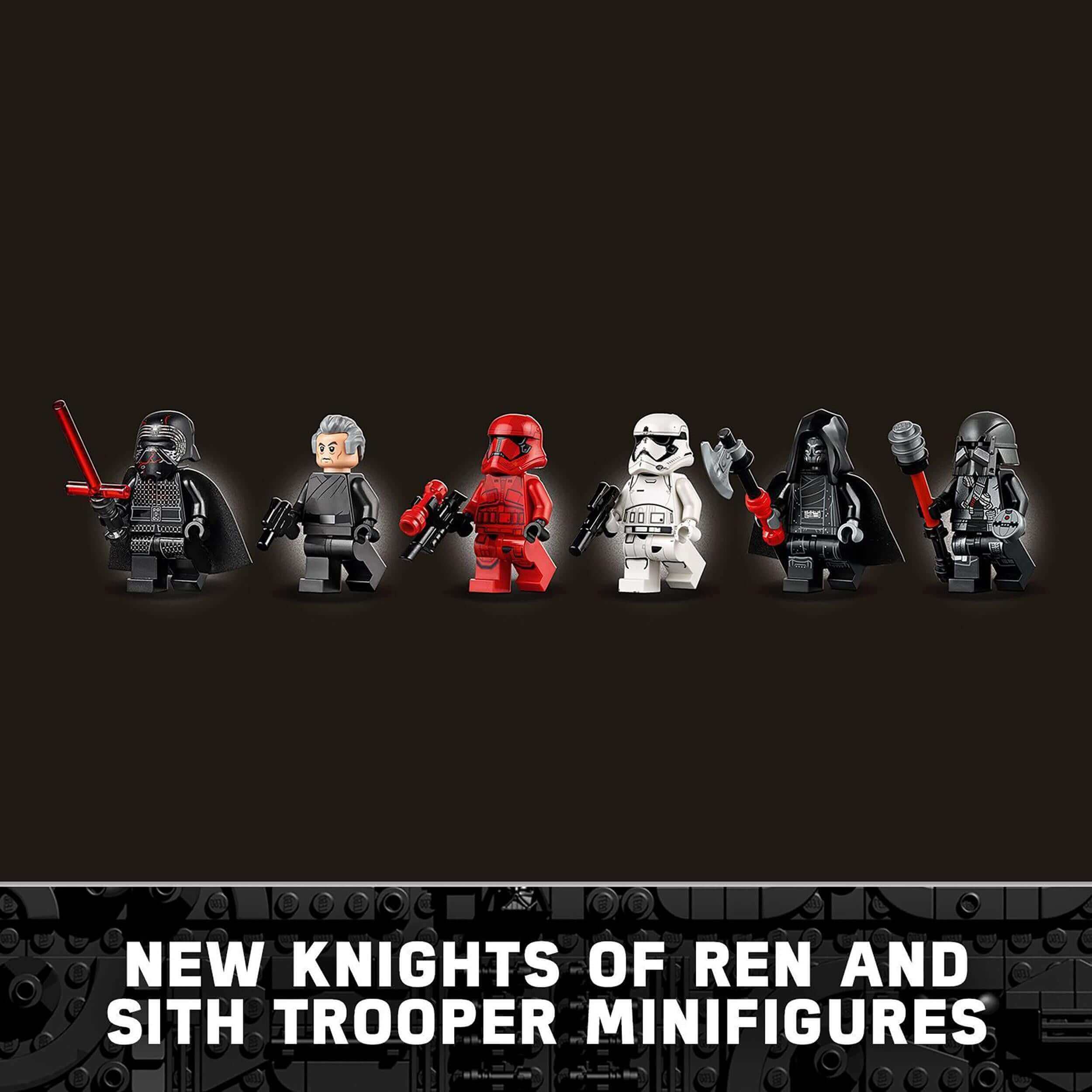 LEGO Star Wars Knights of Ren and Sith Trooper minifigures in various poses, featuring characters from the franchise.