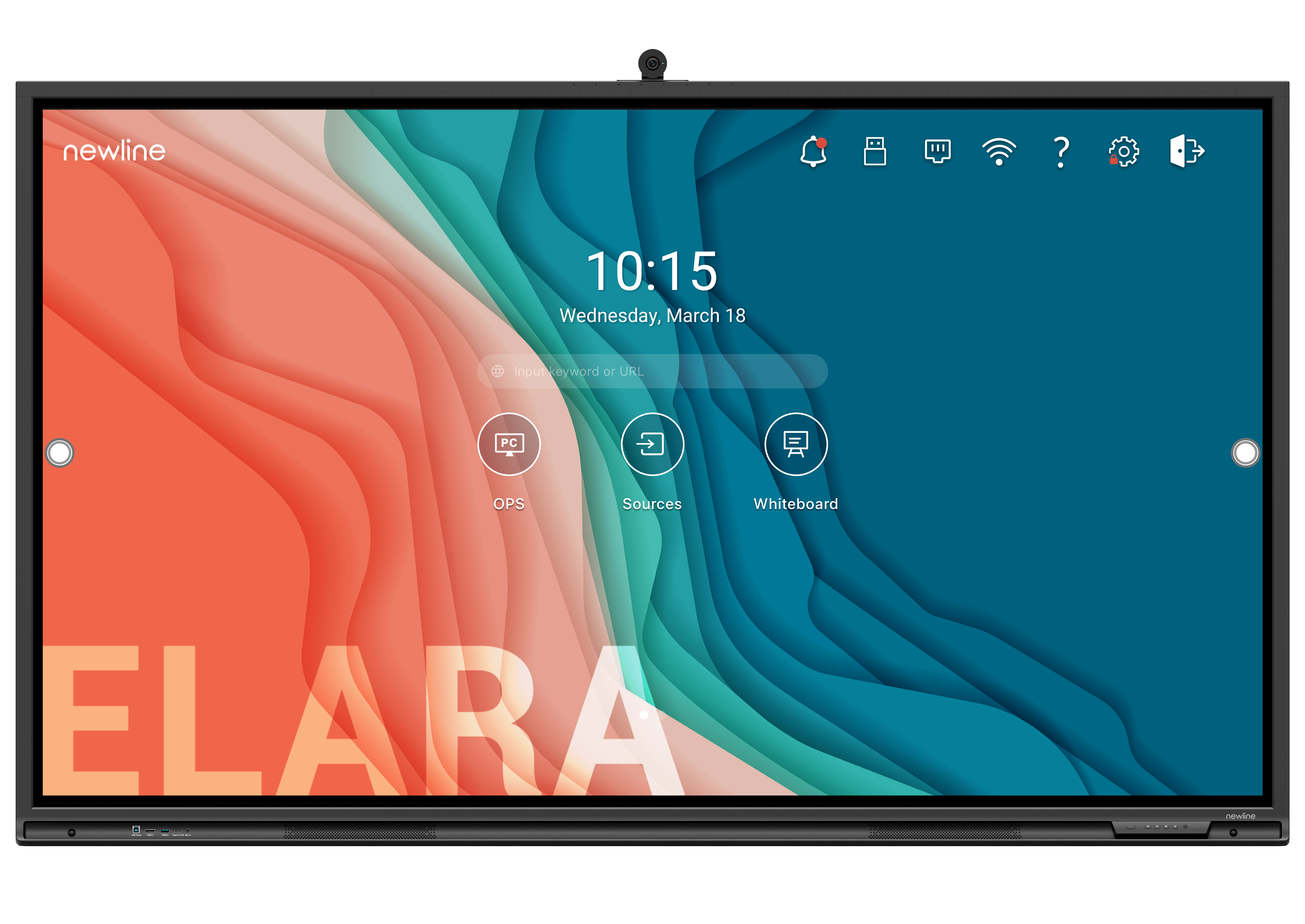 Newline Elara 65" 4K interactive touchscreen display with vibrant interface and built-in camera.