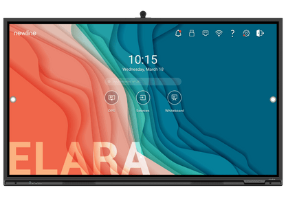 Newline Elara 65" 4K interactive touchscreen display with vibrant interface and built-in camera.