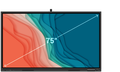 Newline Elara 75" 4K interactive touchscreen with diagonal measurement and vibrant abstract background.