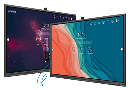 Newline Elara 86" 4K interactive touchscreen with dual display showcasing vibrant interfaces and video conferencing features.
