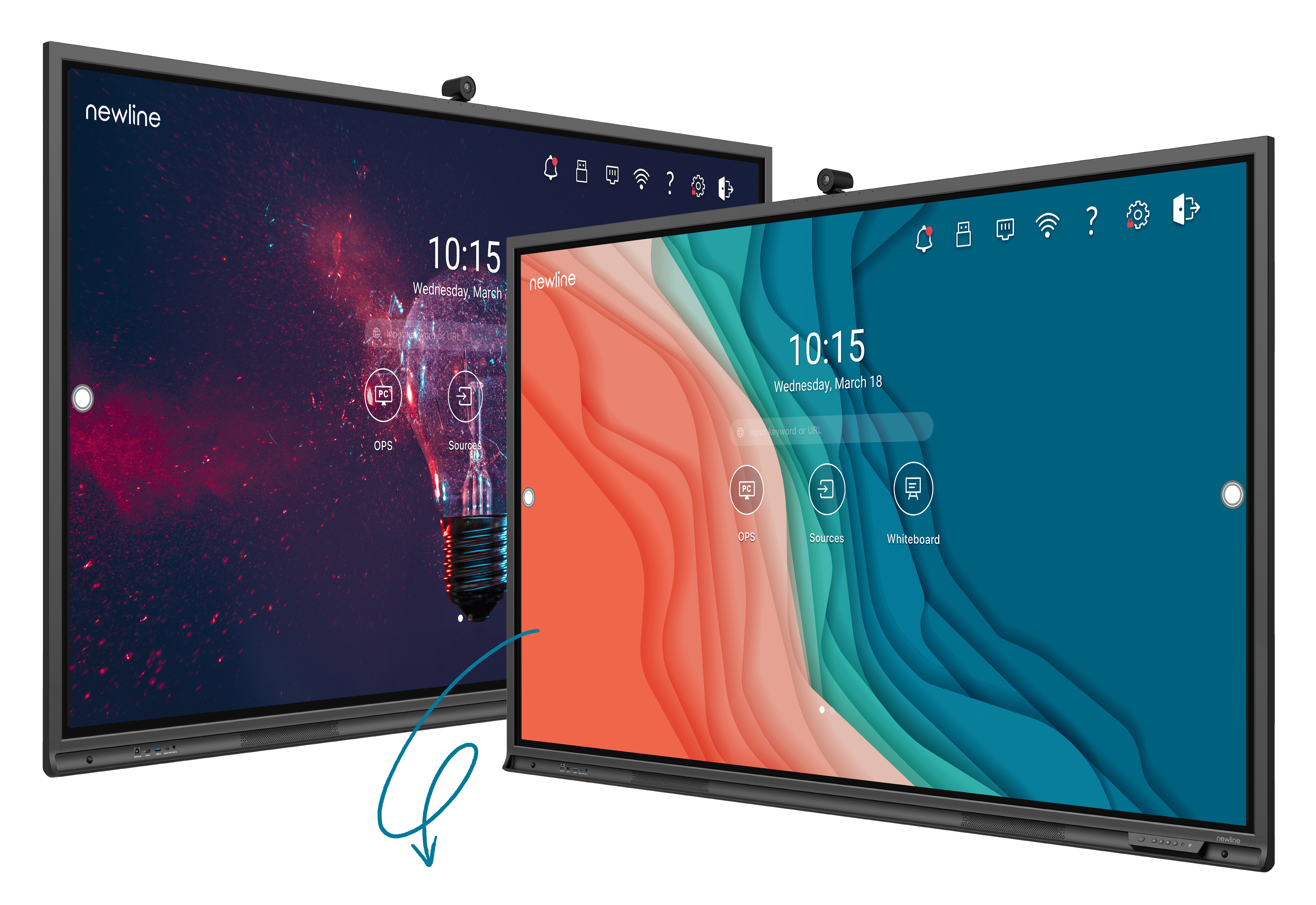 Newline Elara 86" 4K interactive touchscreen with dual display showcasing vibrant interfaces and video conferencing features.