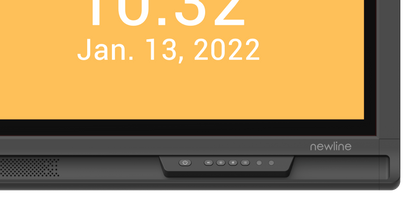 Newline Lyra 98" touch screen display showing date and time, featuring sleek design for educational use.