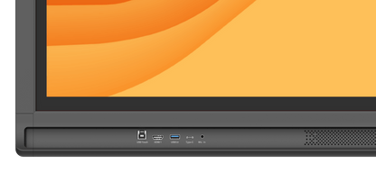 Close-up of Newline Lyra 98" Touch Screen ports including USB, HDMI, and audio connectors on sleek black frame.
