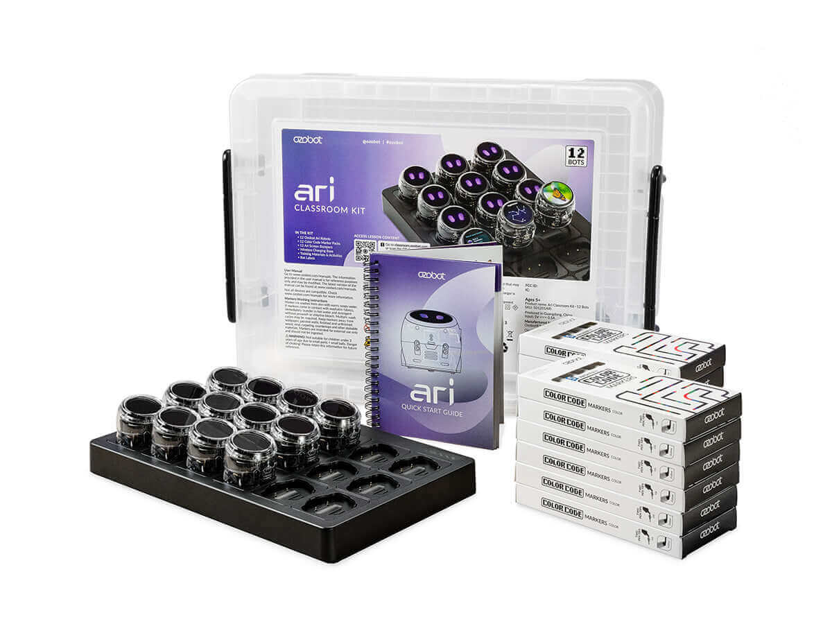 Ozobot Ari Classroom Kit featuring 12 interactive robots, lesson guide, and coding resources for K12 education.