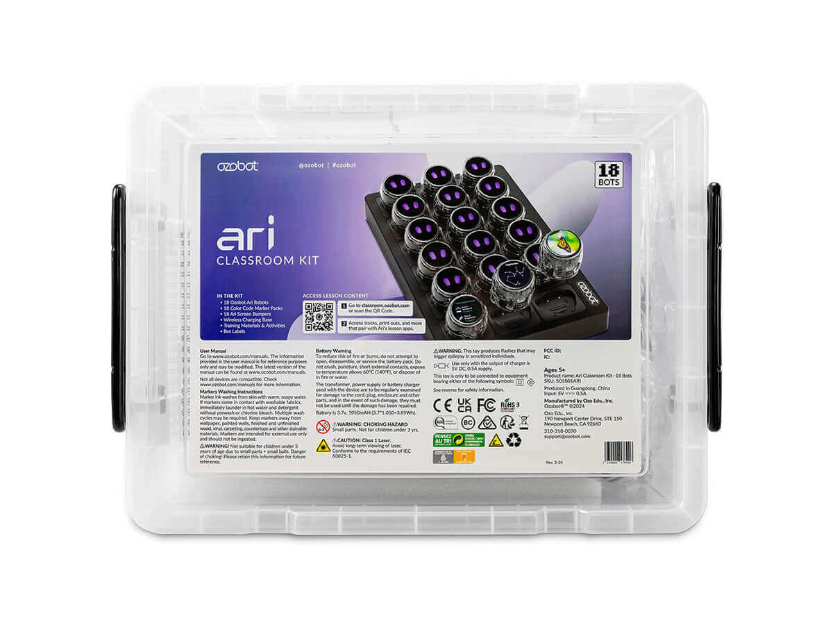 Ozobot Ari Classroom Kit featuring 18 compact bots in a clear storage container, designed for K12 education.