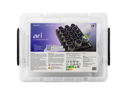 Ozobot Ari Classroom Kit featuring 18 compact bots in a clear storage container, designed for K12 education.