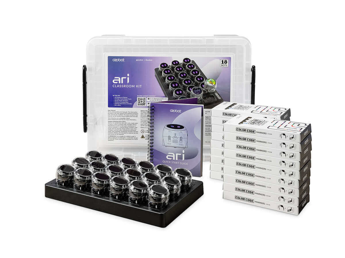 Ozobot Ari Classroom Kit with 18 interactive bots, teaching materials, and engaging educational resources.