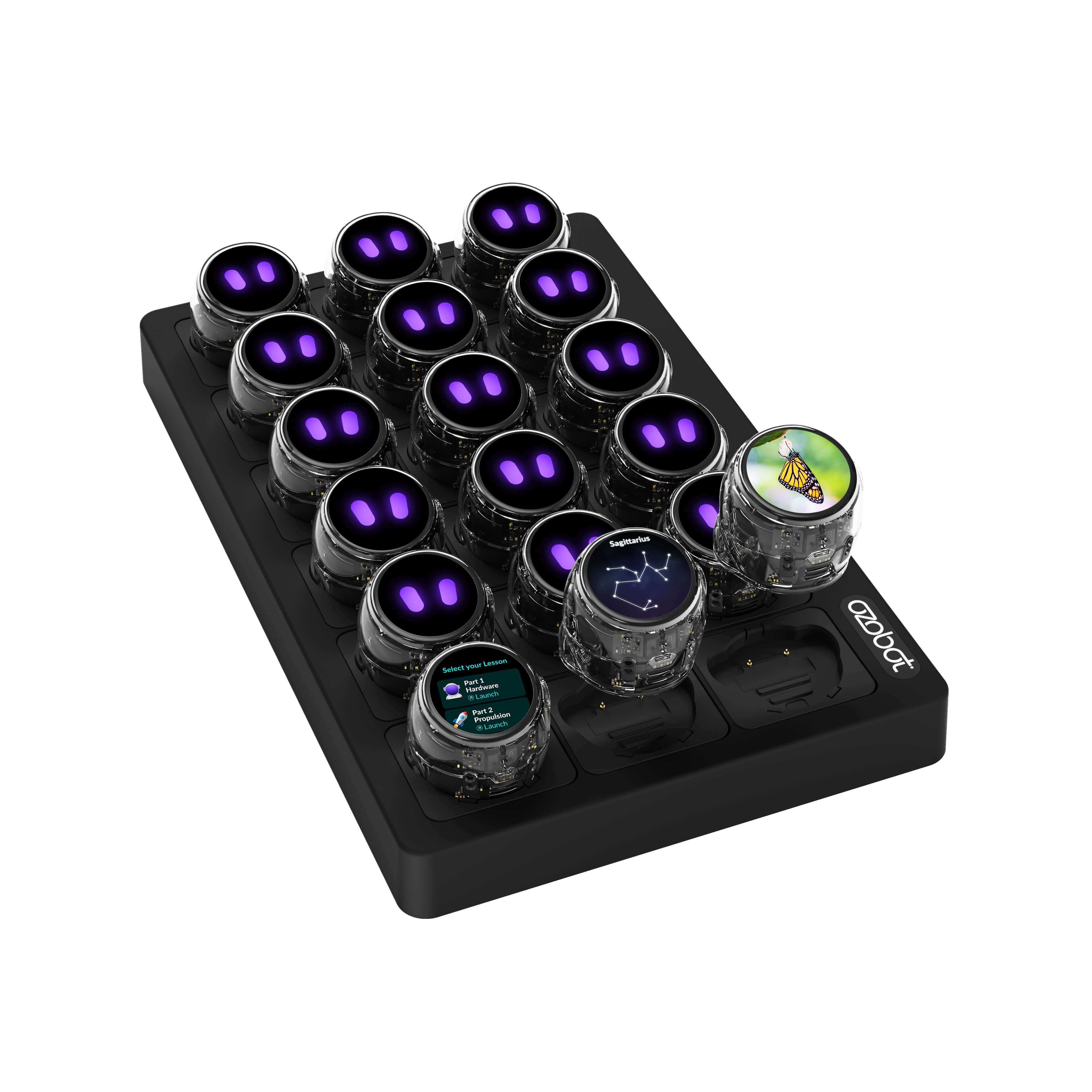 Ozobot Ari Classroom Kit showing 18 interactive robots with vibrant screens for engaging K12 students in computer science.