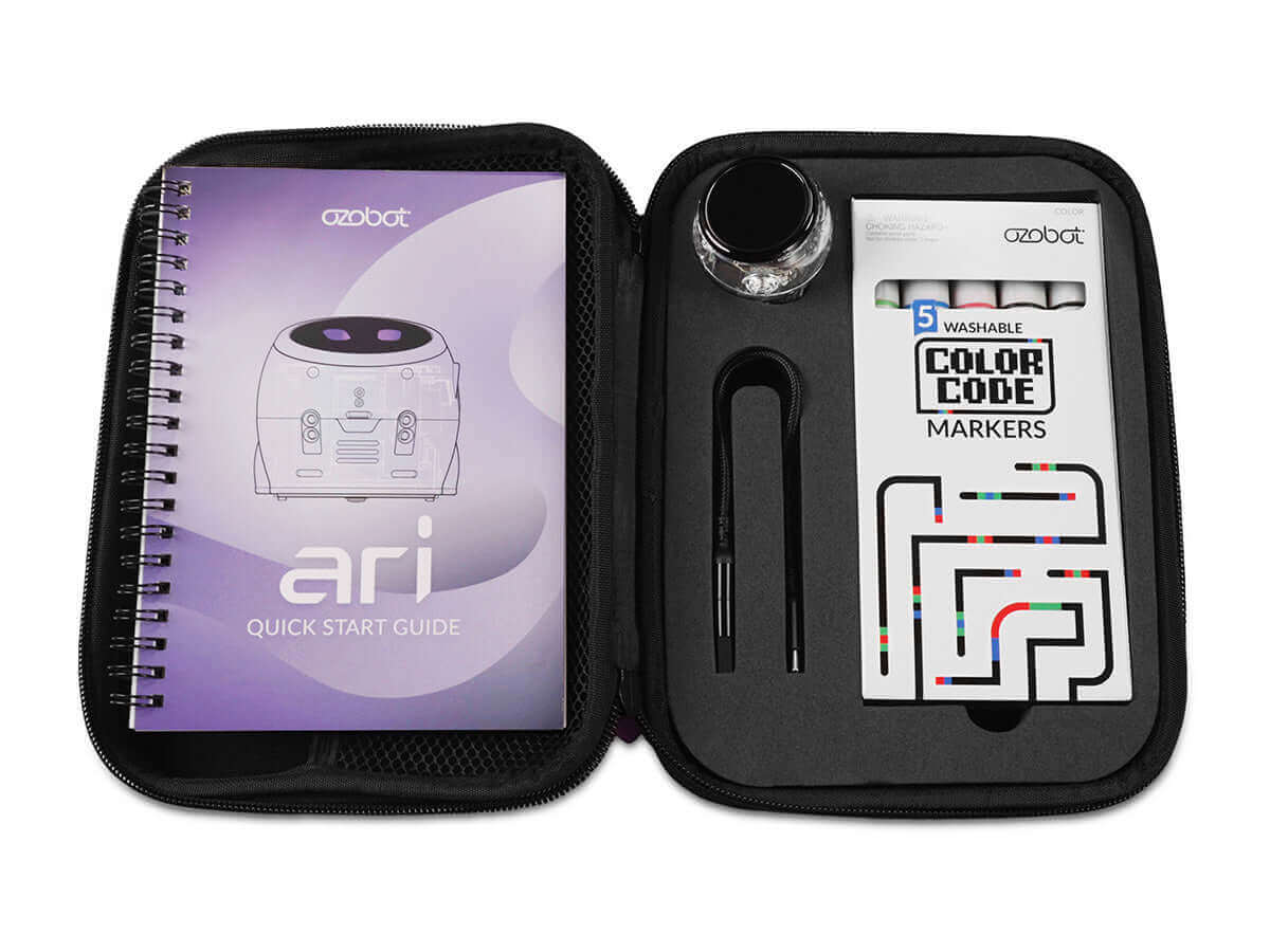 Ozobot Ari Entry Kit featuring quick start guide, color code markers, and learning tools for interactive education.