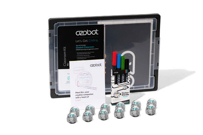 Ozobot Bit+ Classroom kit featuring 12 interactive coding bots and colorful markers for creative learning.
