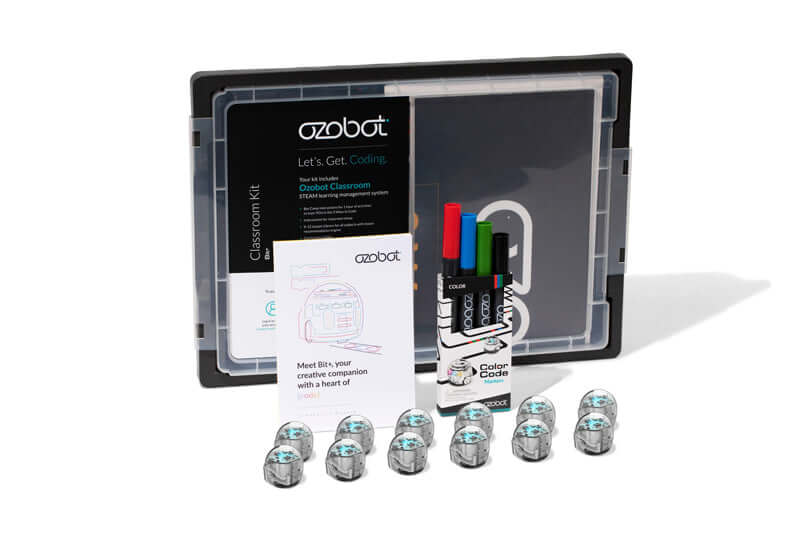 Ozobot Bit+ Classroom kit featuring 12 interactive coding bots and colorful markers for creative learning.