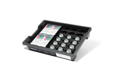 Ozobot Bit+ Bulk pack featuring 12 bots, USB power cables, and coding resources in a tray.