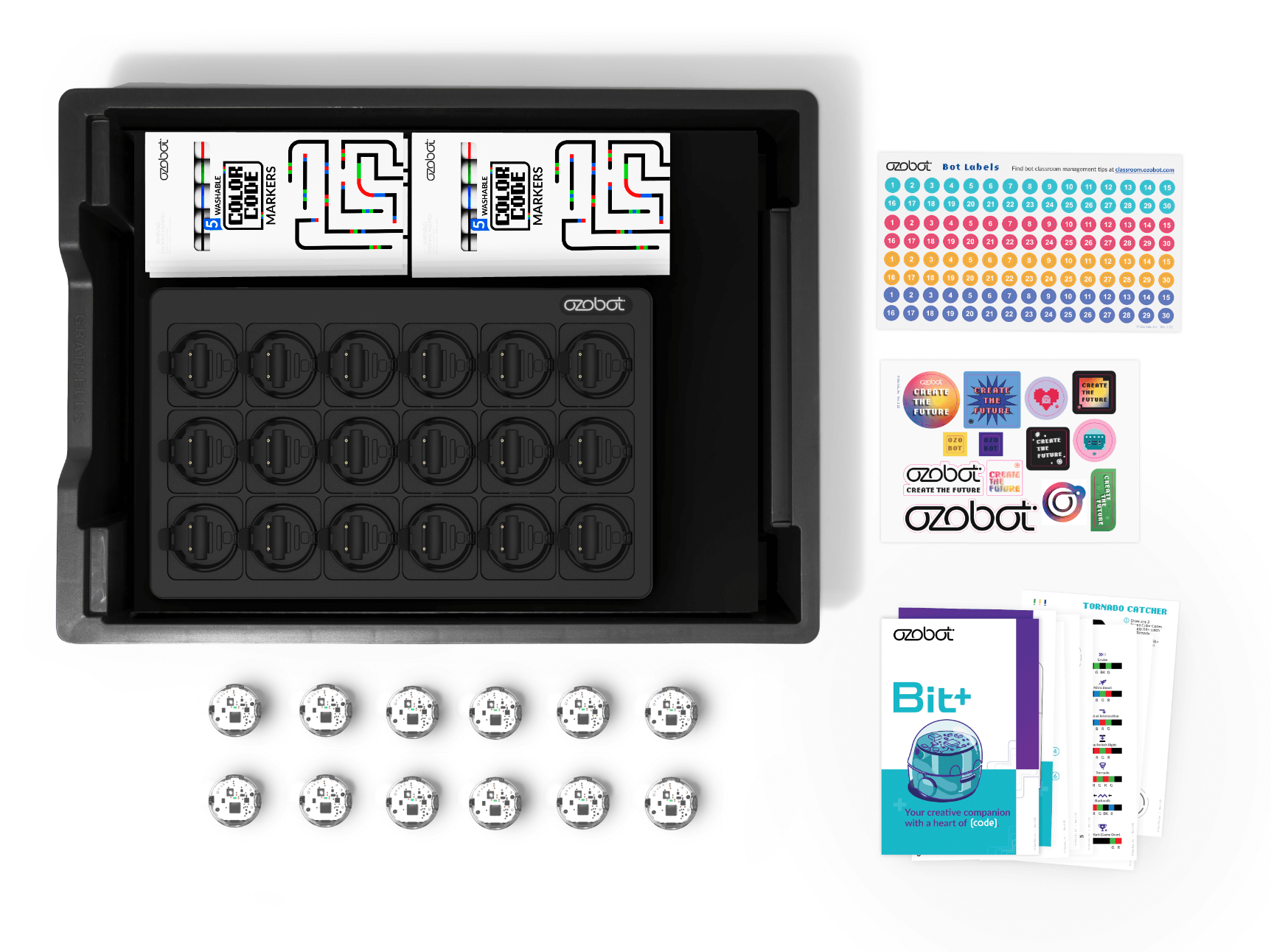 Ozobot Bit+ Classroom Kit (12-pack) with robots, coding tools, and activity cards for STEAM learning.