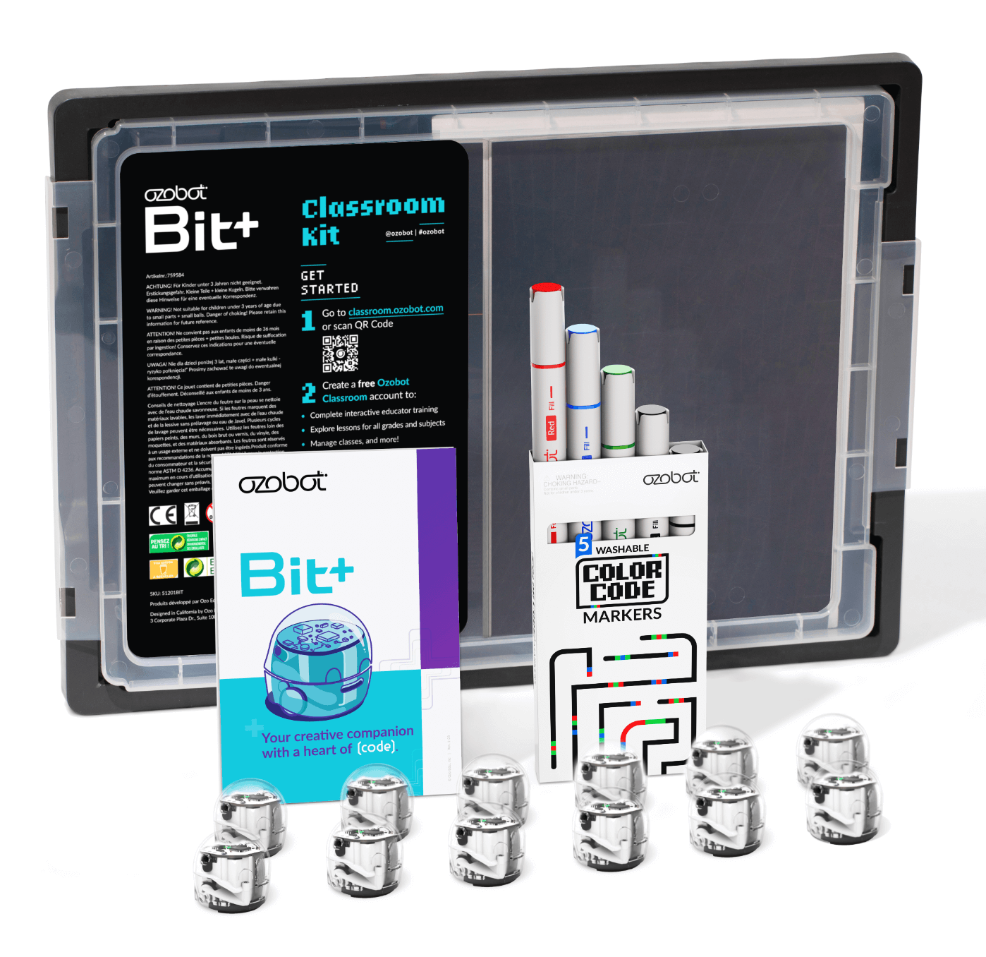 Ozobot Bit+ Classroom Kit with 12 robots, instructional materials, and color coding markers for STEAM education.