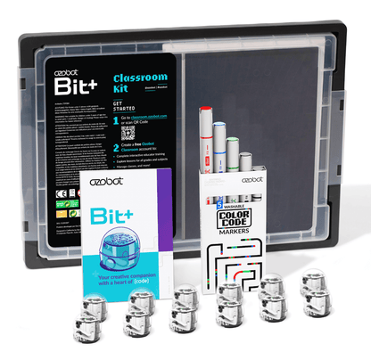 Ozobot Bit+ Classroom Kit with 12 robots, instructional materials, and color coding markers for STEAM education.