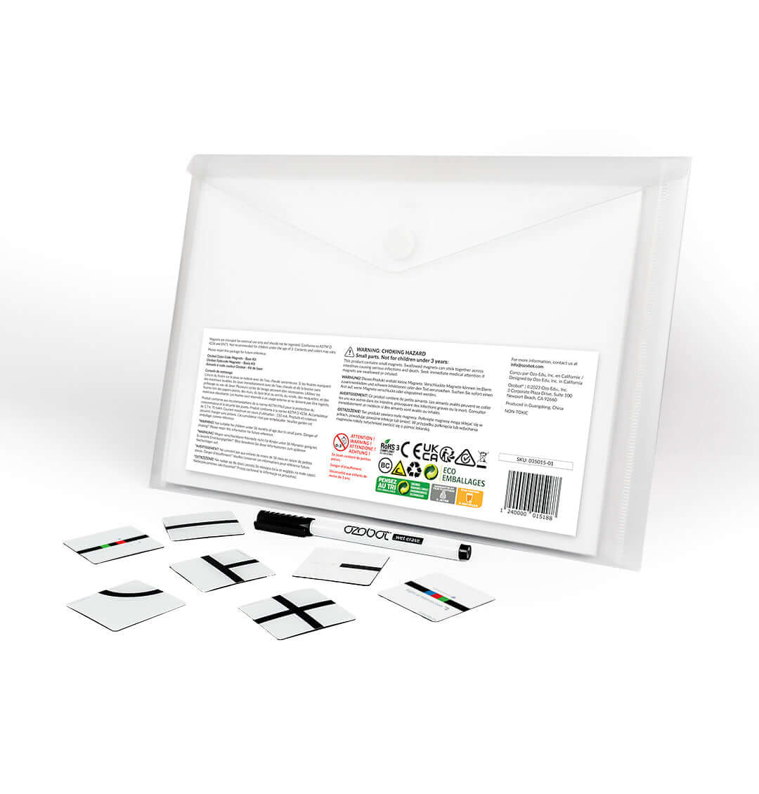 Ozobot Colour Code Magnets Base Kit with magnetic board, wet erase marker, and coding puzzle pieces.