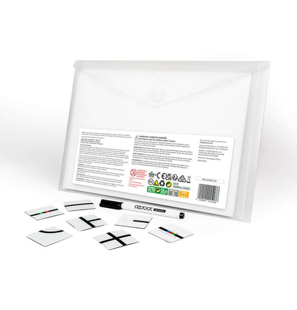 Ozobot Colour Code Magnets Base Kit with magnetic board, wet erase marker, and coding puzzle pieces.
