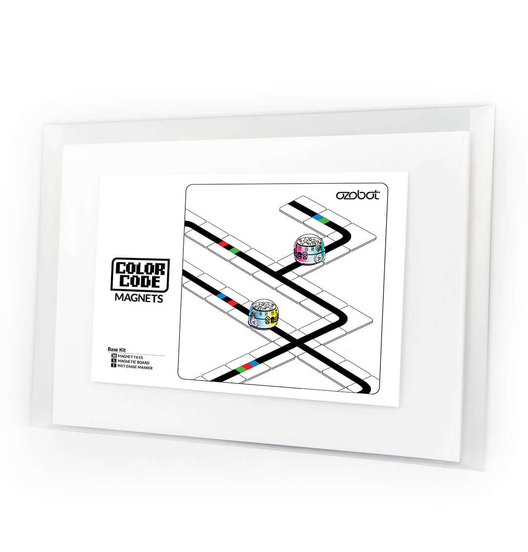 Ozobot Color Code Magnets Base Kit featuring a coding board and colorful puzzle pieces for interactive learning.