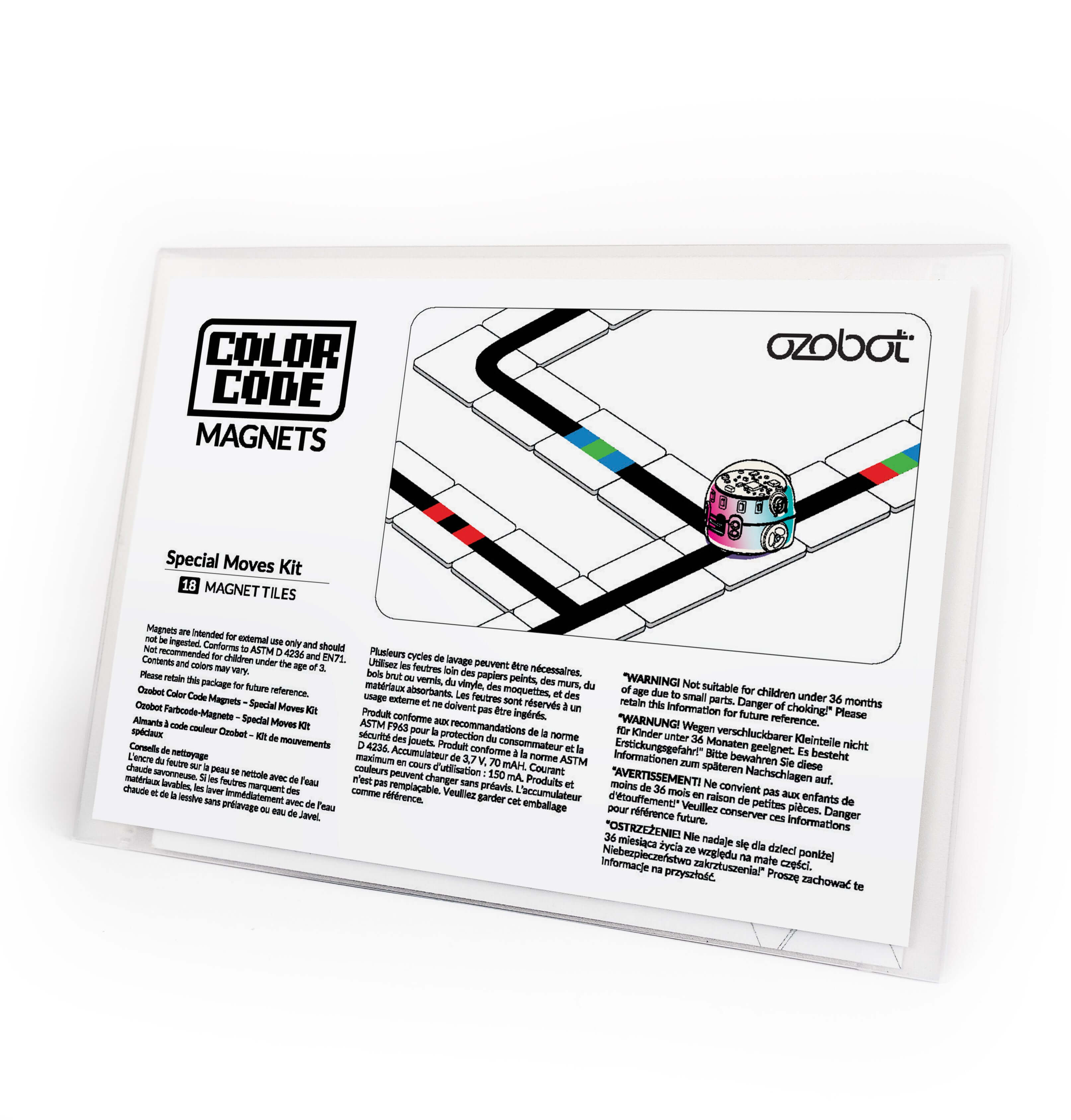 Ozobot Color Code Magnets Special Moves Kit packaging with coding instructions and colorful puzzle pieces.