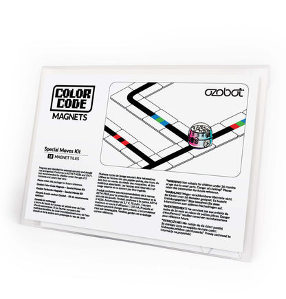 Ozobot Color Code Magnets Special Moves Kit packaging with coding instructions and colorful puzzle pieces.
