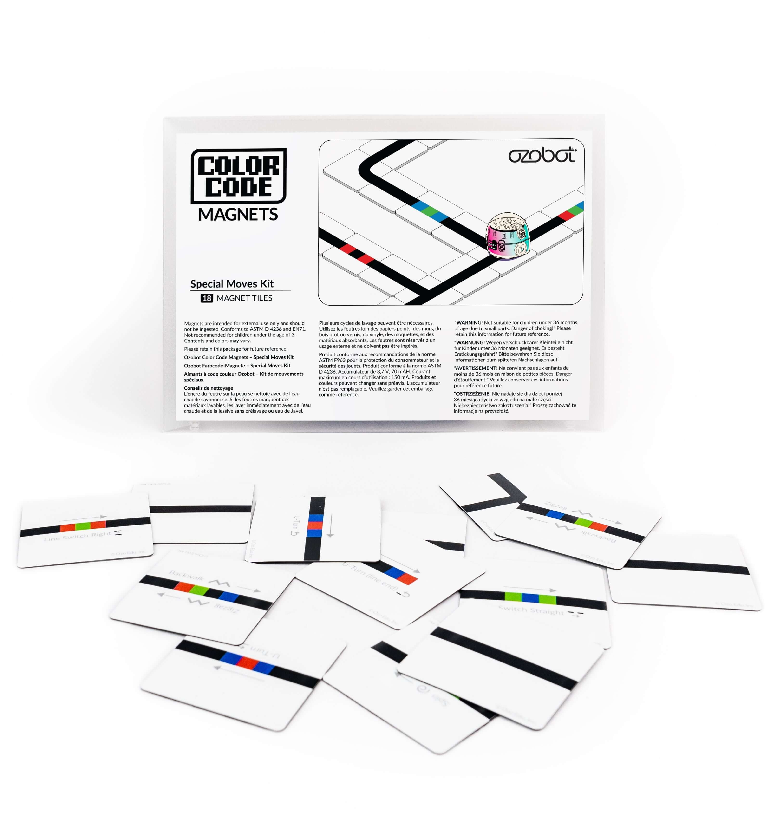 Ozobot Colour Code Magnets Special Moves Kit with puzzle pieces for teaching coding principles to young students.