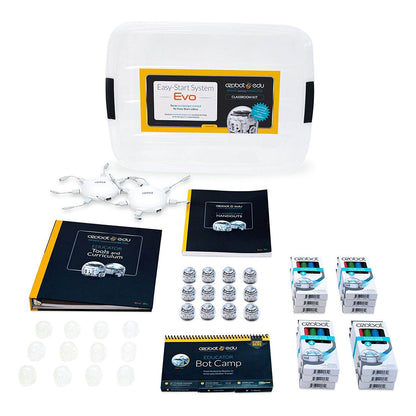 Ozobot Evo Classroom Kit with Easy-Start System, curriculum books, and accessories for learning coding and robotics.