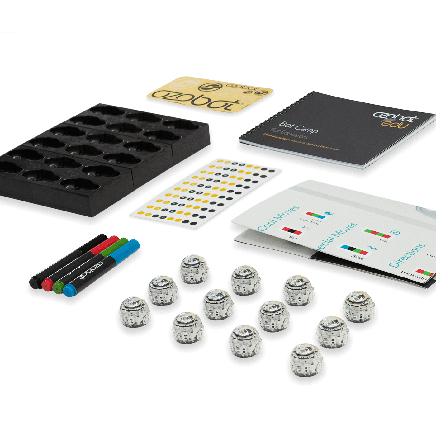 Ozobot Evo Classroom Kit contents including markers, cards, and programmable robots for creative coding activities.