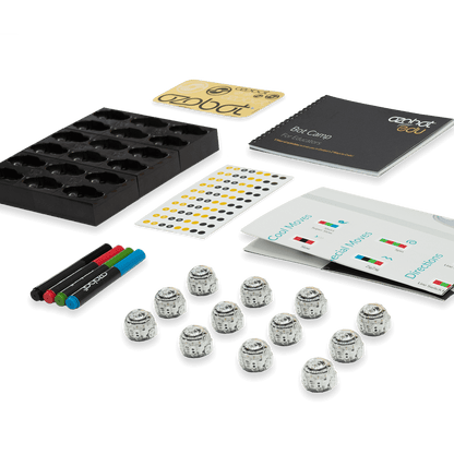 Ozobot Evo Classroom Kit contents including markers, cards, and programmable robots for creative coding activities.