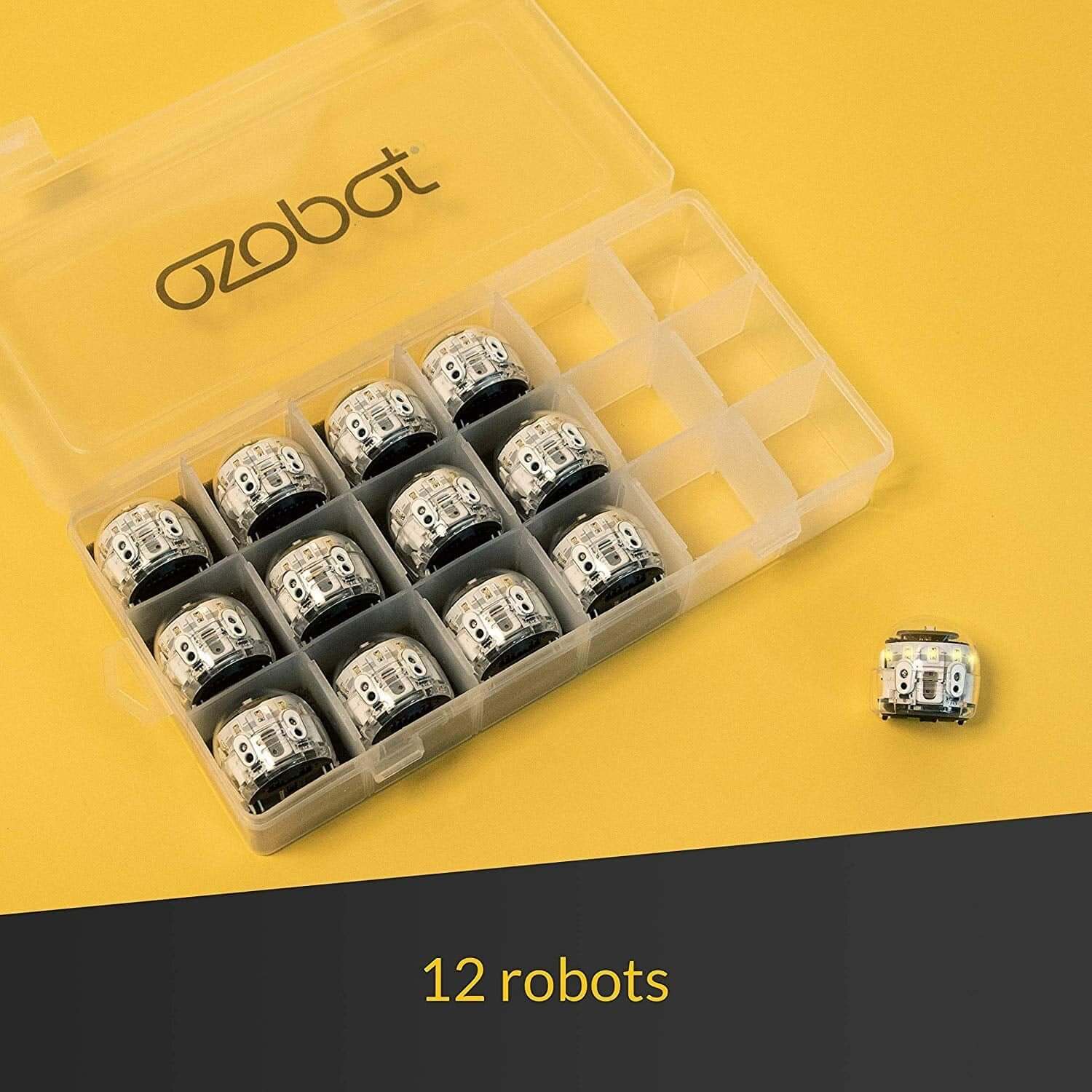Ozobot Evo Classroom Kit featuring 12 robots in a clear storage case on a bright yellow background.