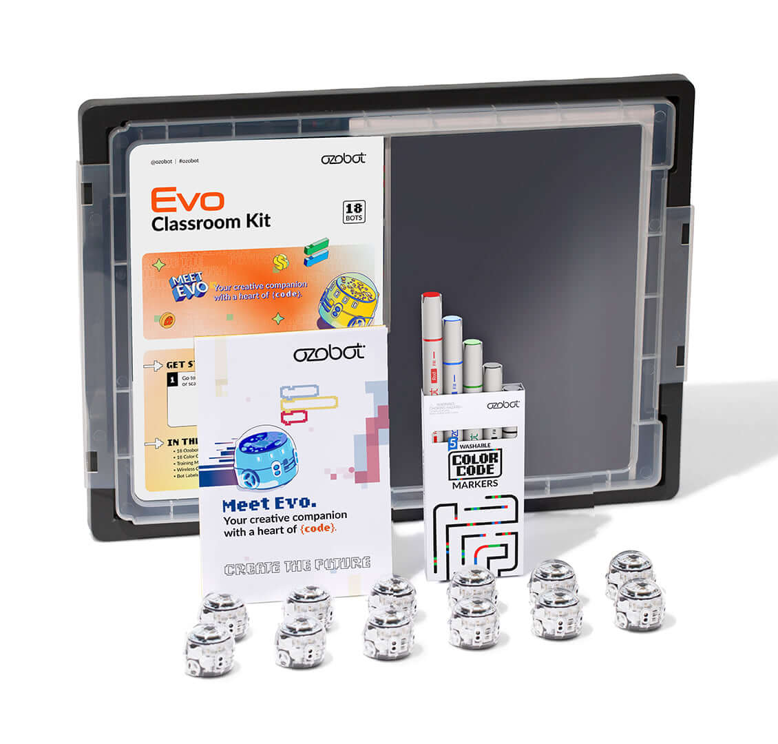 Ozobot Evo Classroom Kit 18-pack with robots, coding markers, and instructional materials for interactive learning.