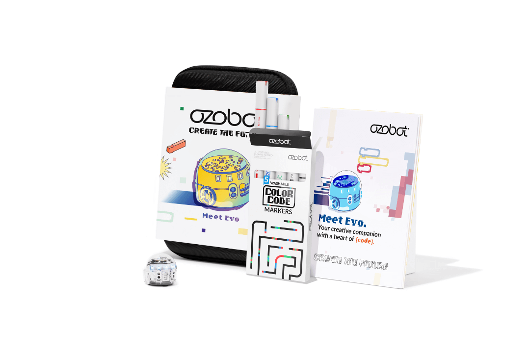 Ozobot Evo Entry Kit with coding markers and guide, ideal for teaching creativity and coding in classrooms.