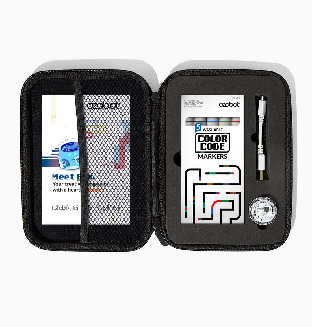 Ozobot Evo Entry Kit open showing markers, coding cards, and accessories for creative coding in classrooms.
