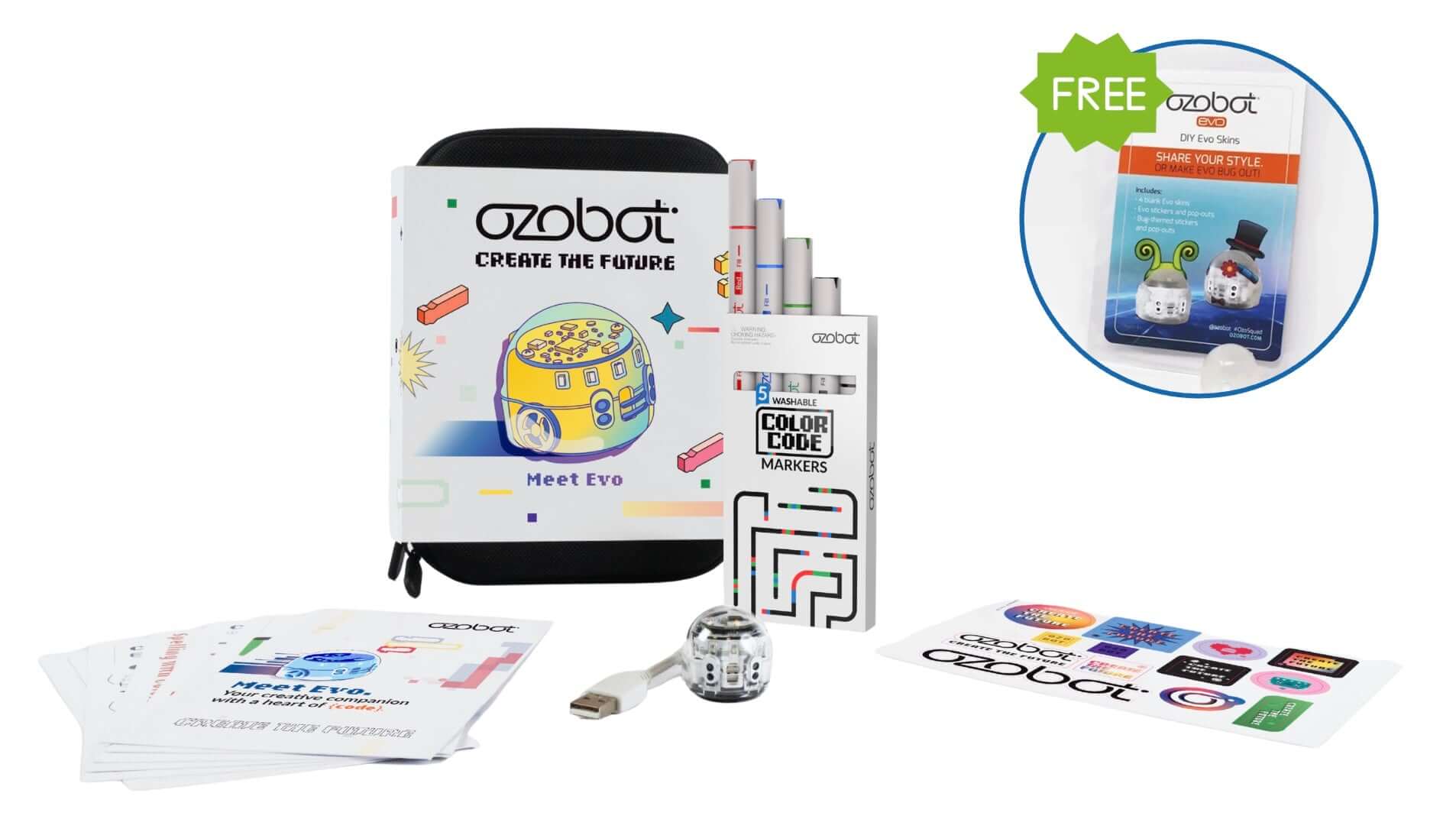 Ozobot Evo and FREE Evo DIY Skins Pack includes coding robot, markers, and design materials for STEM education.