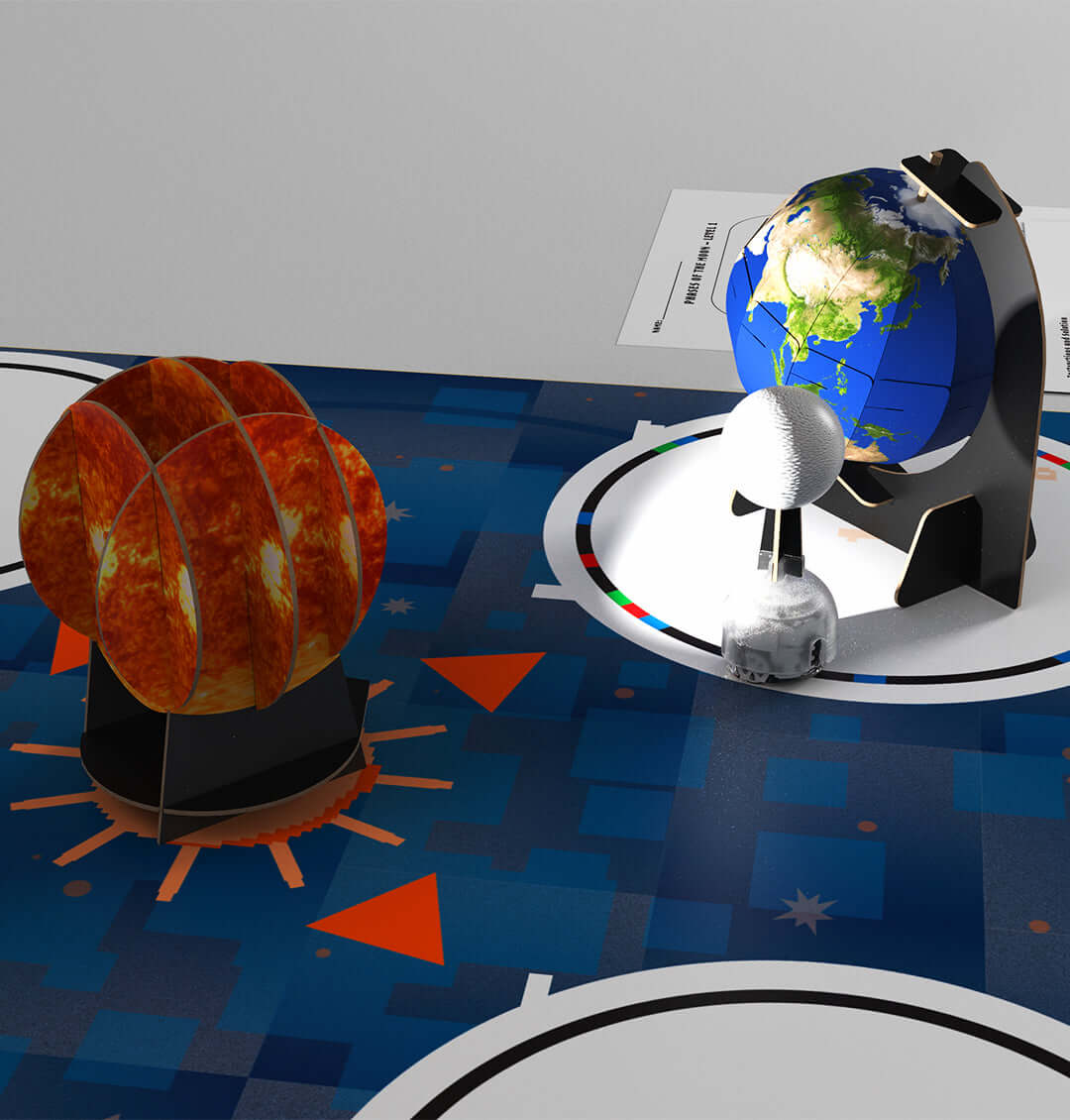 Educational solar system models including the sun, earth, and moon for STEAM learning activities.