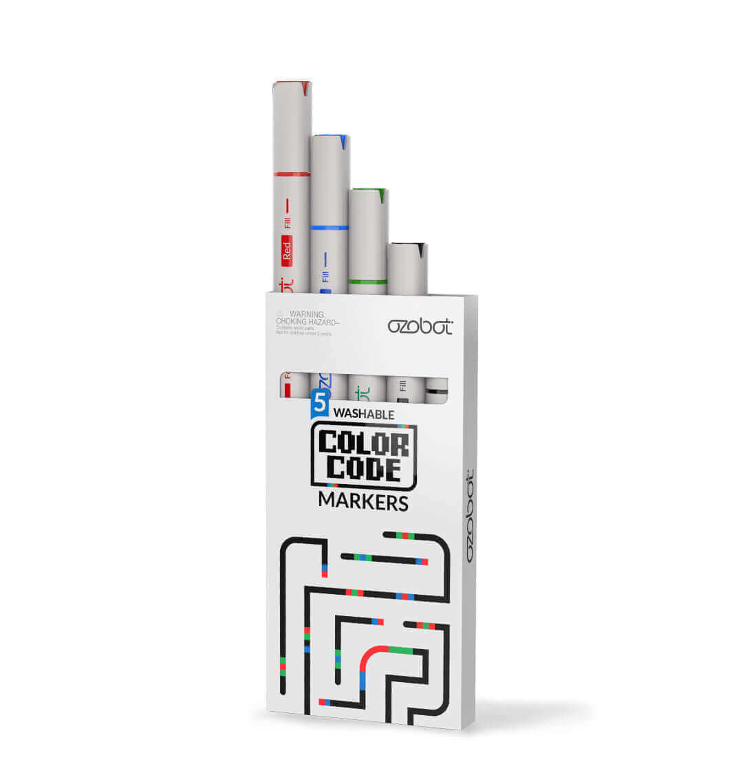 Ozobot washable color coding markers pack for programming Evo and Bit, includes black, red, blue, and green.