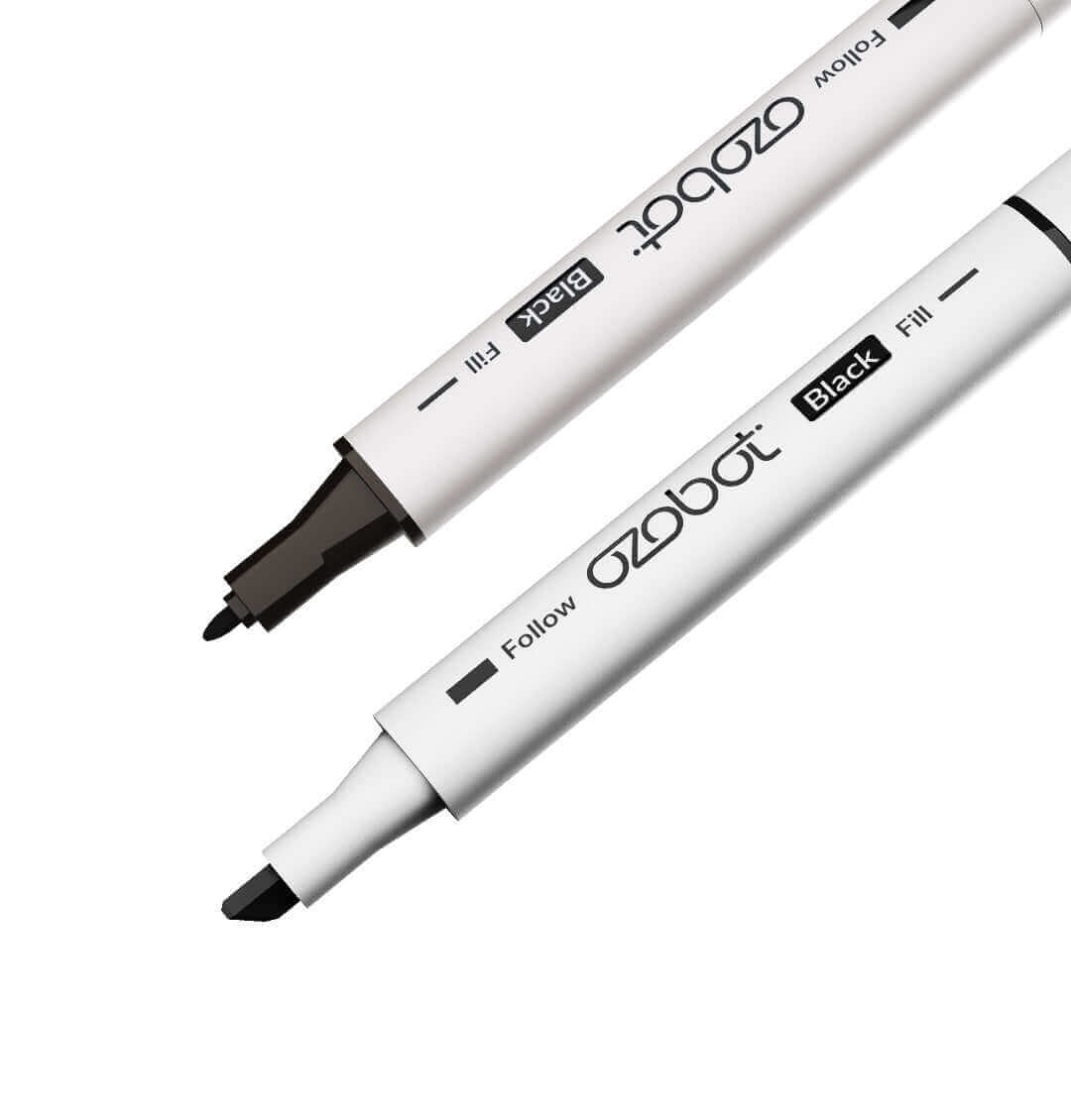 Ozobot washable markers in black and white, ideal for coding and creating roads for Evo and Bit robots.