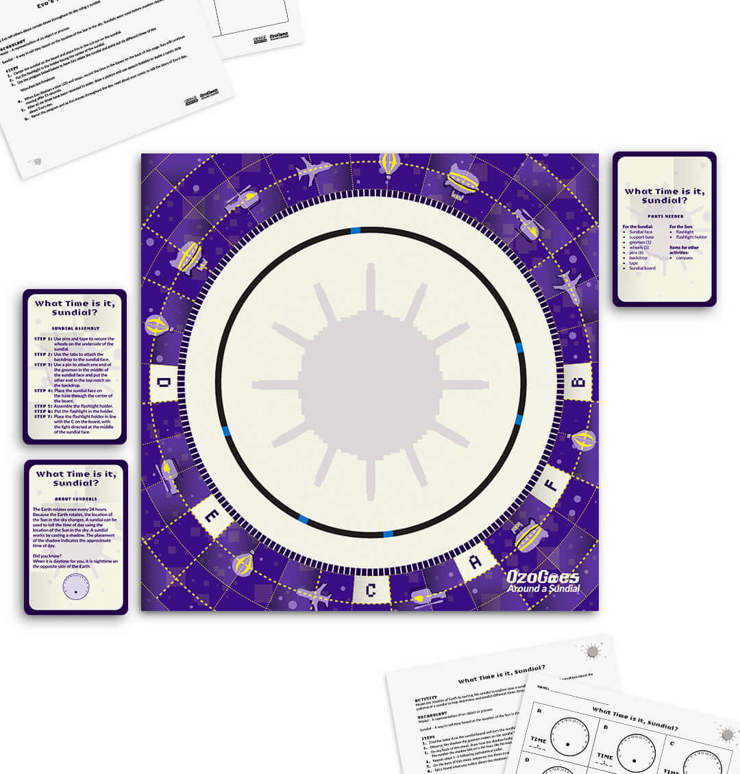 OzoGoes Around A Sundial educational kit showcasing a sundial pattern and solar system elements for STEAM learning.